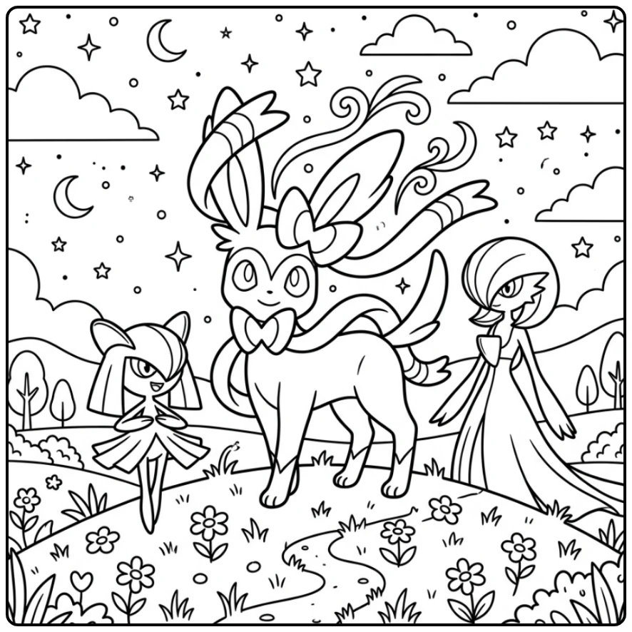 Magical Sylveon Kirlia and Gardevoir coloring page