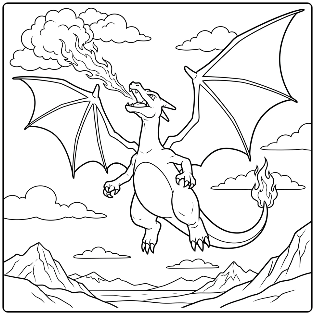 Majestic Charizard Fire-breathing Dragon in the Sky coloring page