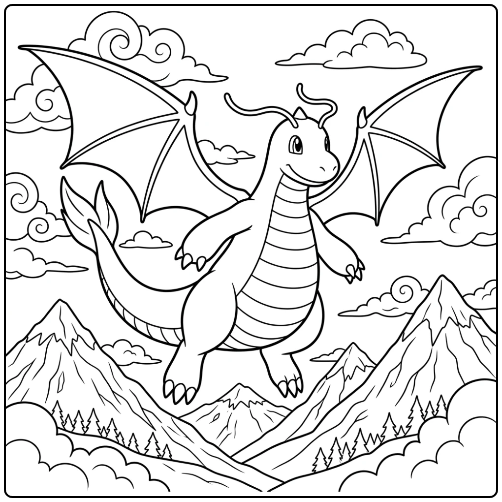 Majestic Dragonite Flight Over the Clouds coloring page