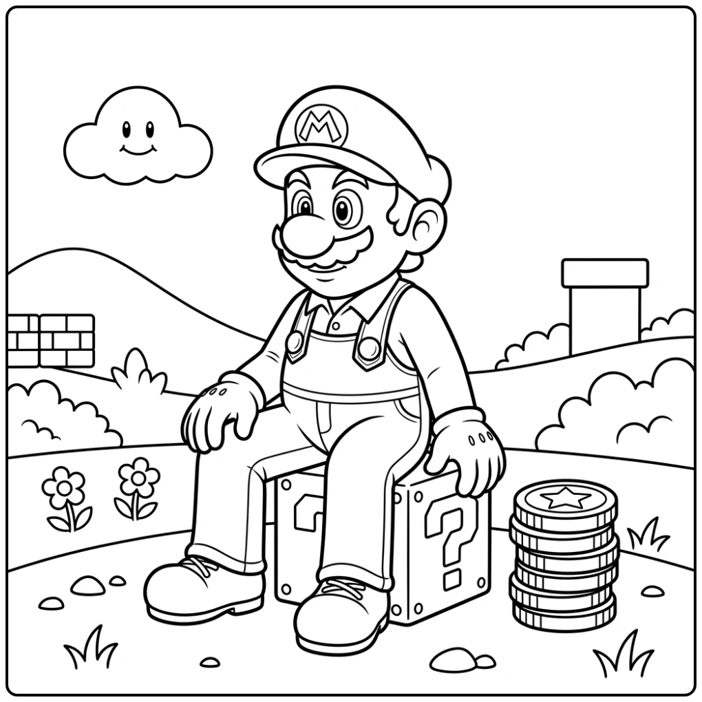 Mario Taking a Well-deserved Break on a Block coloring page