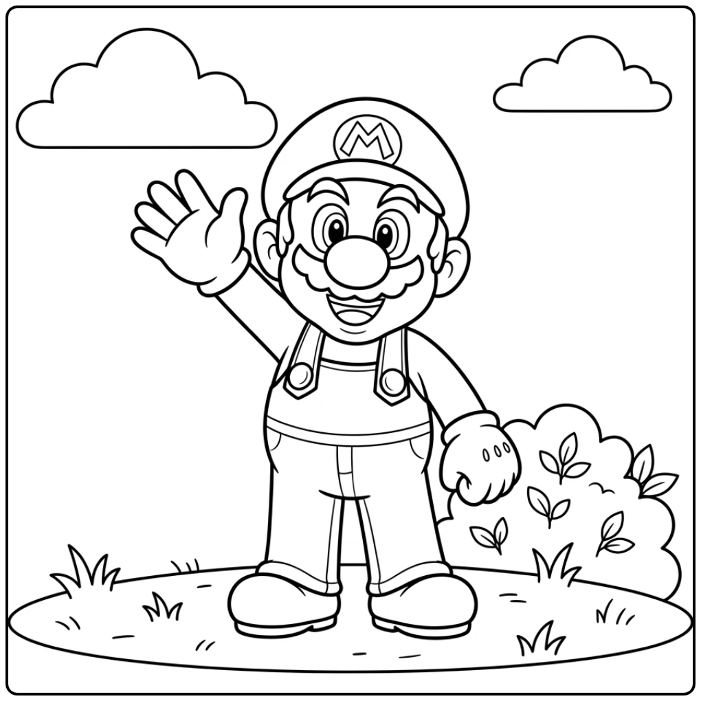 Mario Waving Happy on a Green Meadow coloring page