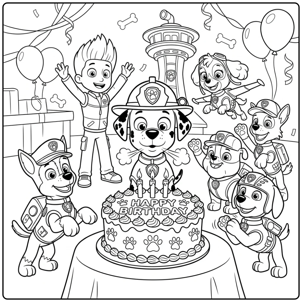 Marshall Blowing Out Candles at His Paw Patrol Birthday coloring page