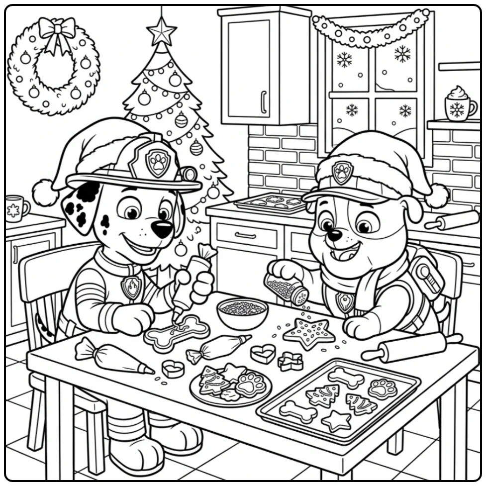 Marshall and Rubble Paw Patrol Christmas Cookies Decorating coloring page