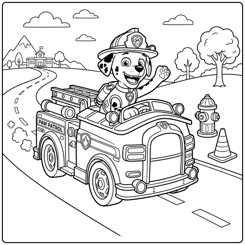 Riding Happy Around Paw Patrol Marshall Action coloring page