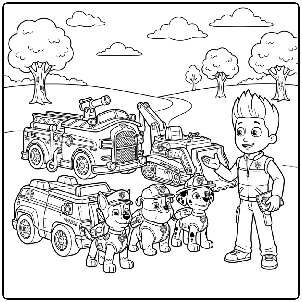 Marshall Rubble and Chase a Exciting Paw Patrol Vehicle coloring page