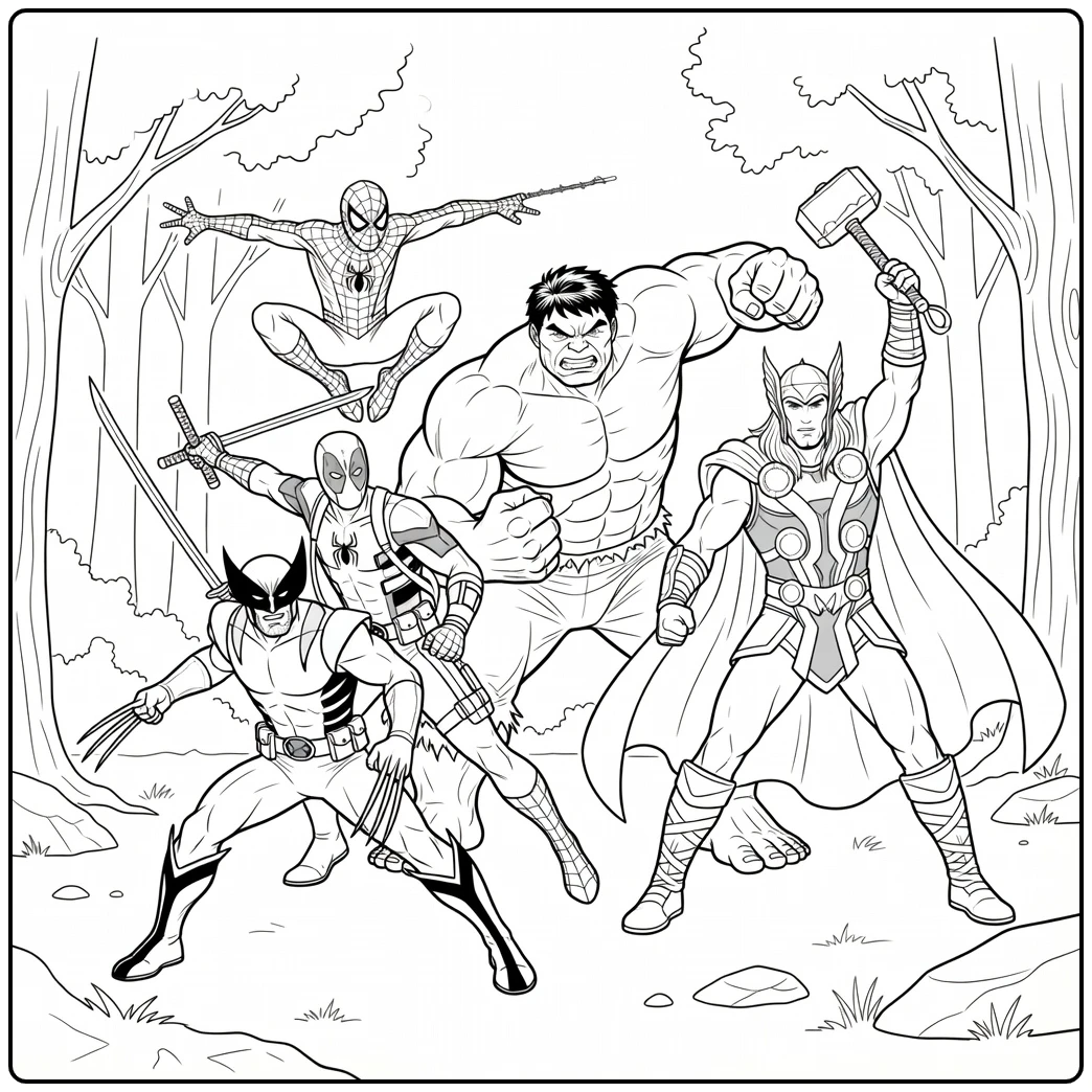 Marvel Wolverine Deadpool and Spider Man coloring page