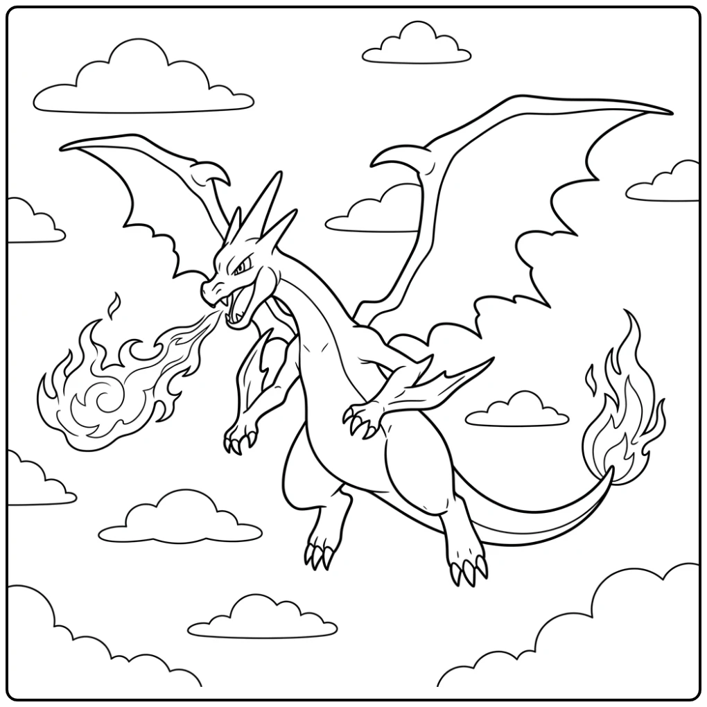 Mega Charizard Y Pokemon Majestueus in the Sky coloring page