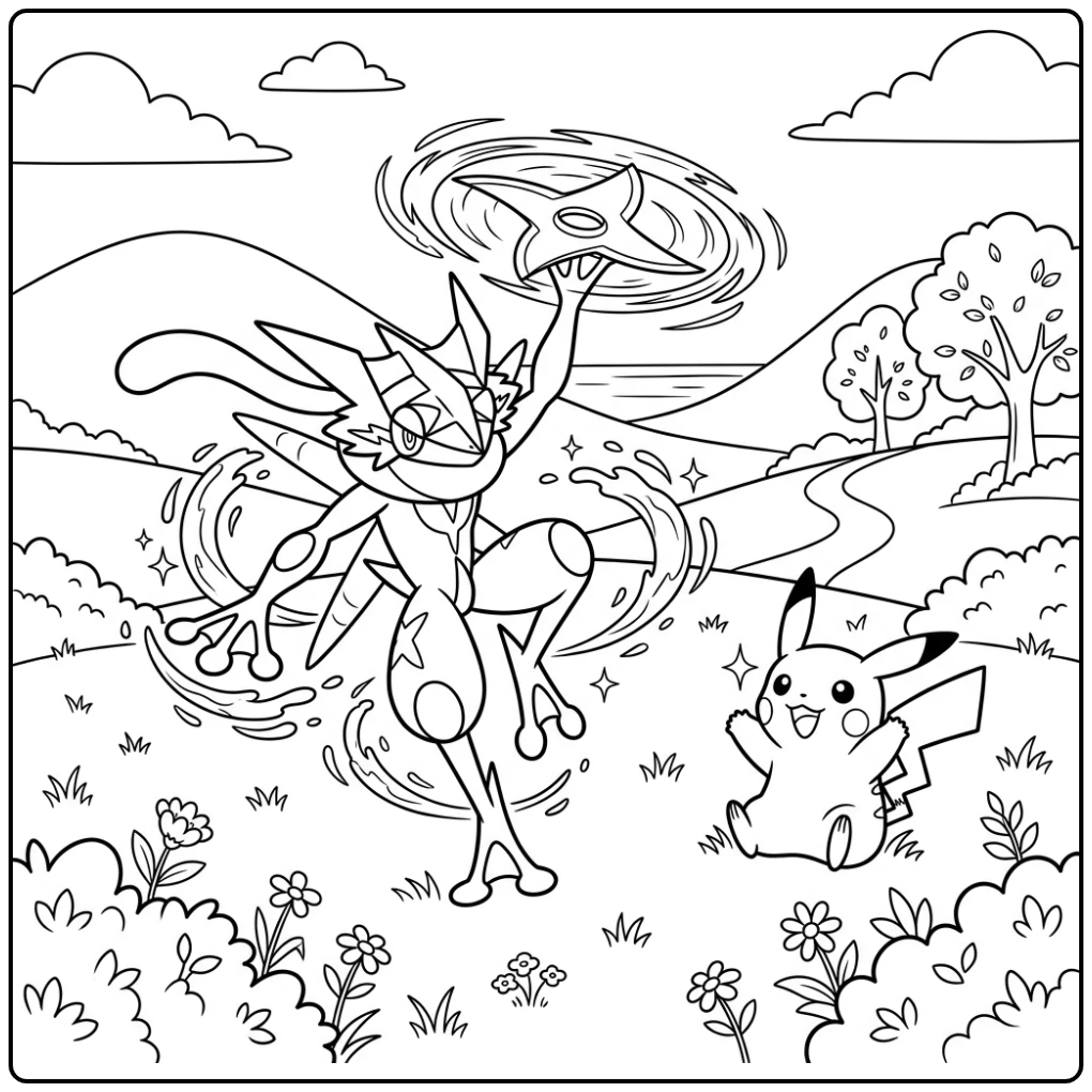 Pokemon Mega Greninja and Pikachu in Action coloring page