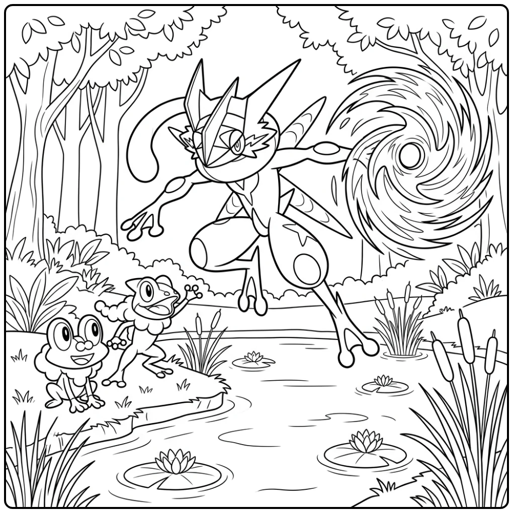 Pokemon Mega Greninja with Forest Pond coloring page