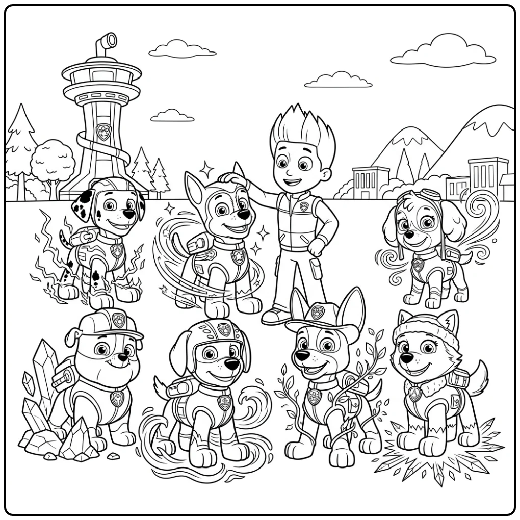 Paw Patrol Mega Pups coloring page with a hero scene