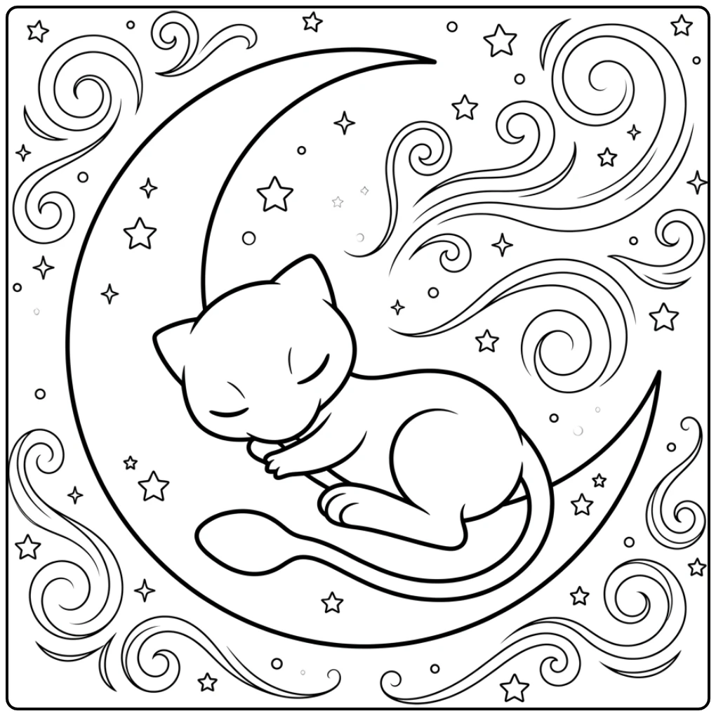 Sleeping Mew Pokemon on a Dreamy Half Moon coloring page