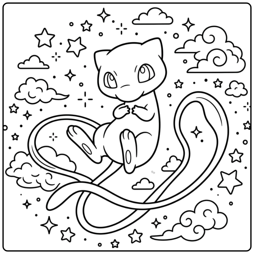 Floating Mew Among the Magical Stars coloring page