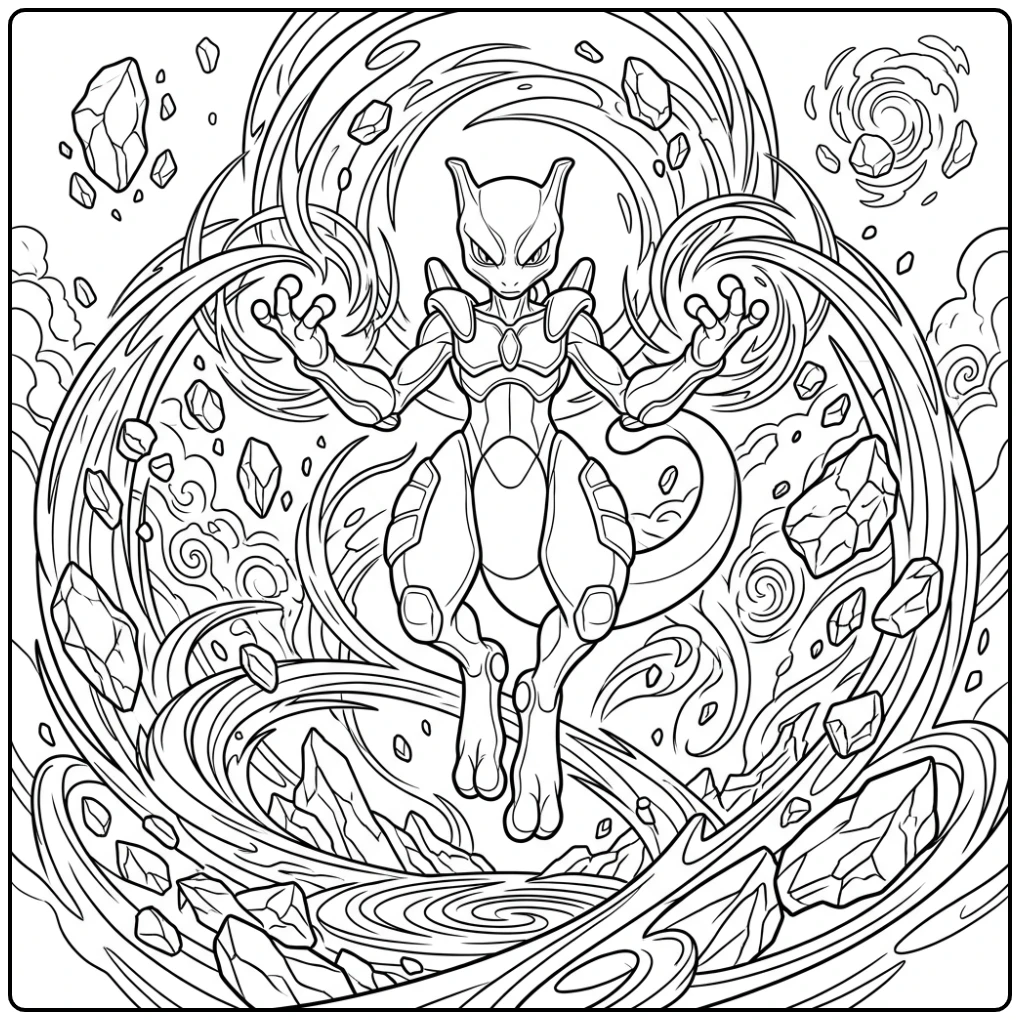 Mewtwo in Psychic Pose Pokemon and Detailed coloring page