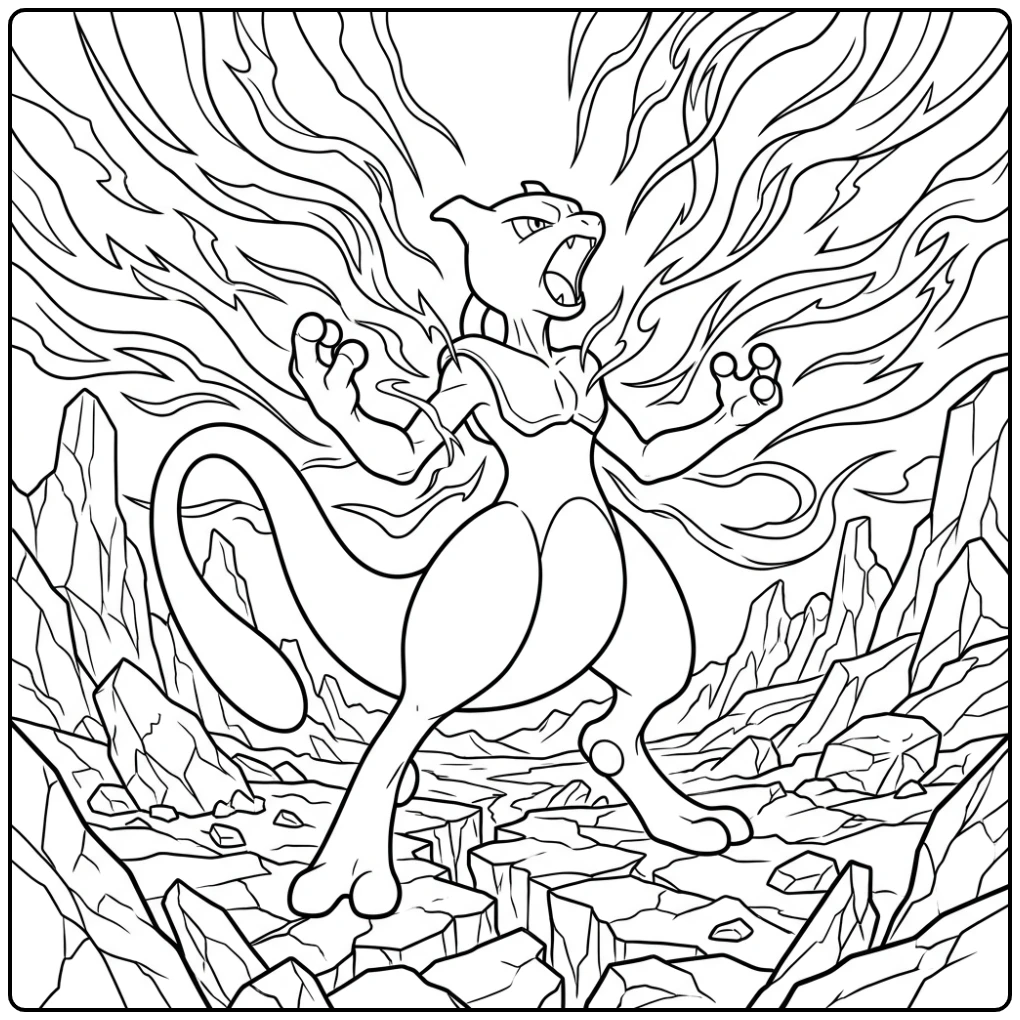 Mewtwo Roaring Pokemon on Rocky Field coloring page