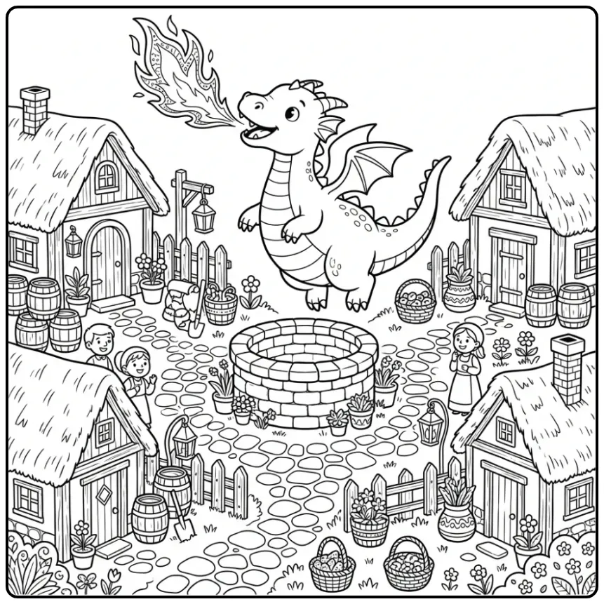 Medieval Fire Dragon by a Well coloring page