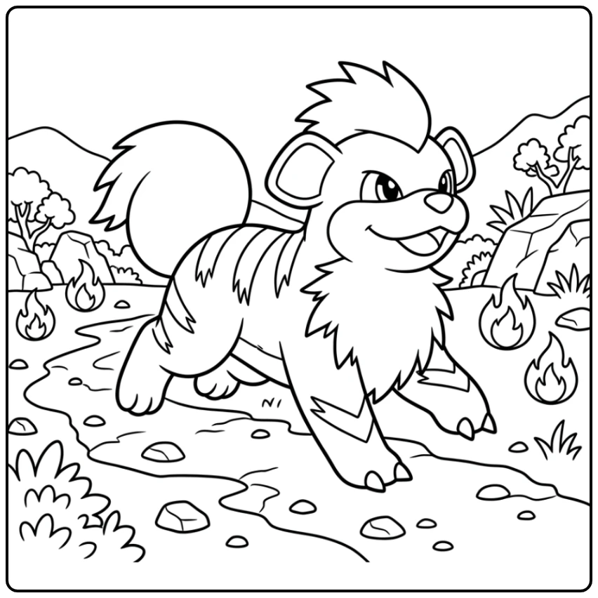 Mine Favoriete Growlithe Pokemon Cheerful in Beweging coloring page