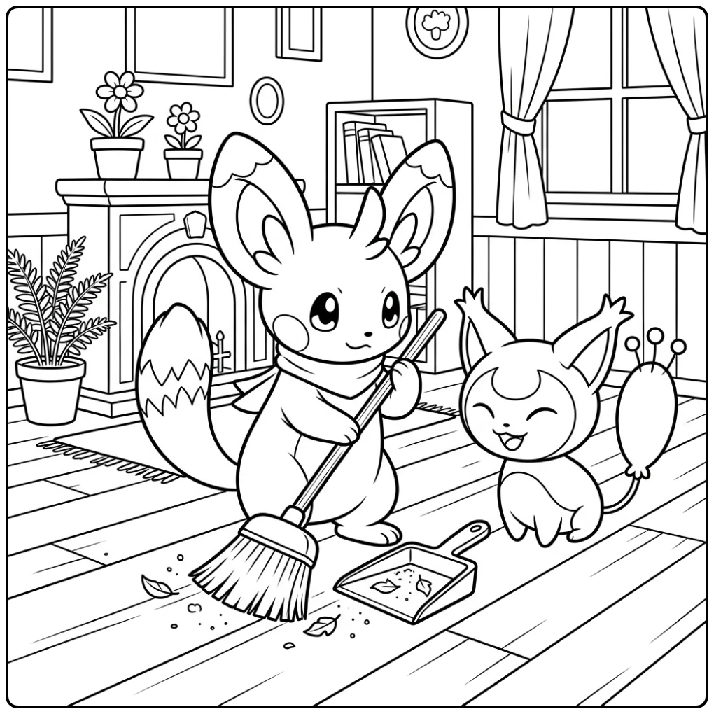 Minccino Sweeping Skitty Looking Toward Pokemon Cute coloring page