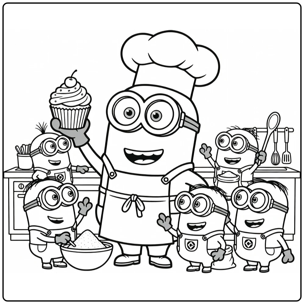 Minion Cook with Cupcake in Playful Kitchen coloring page