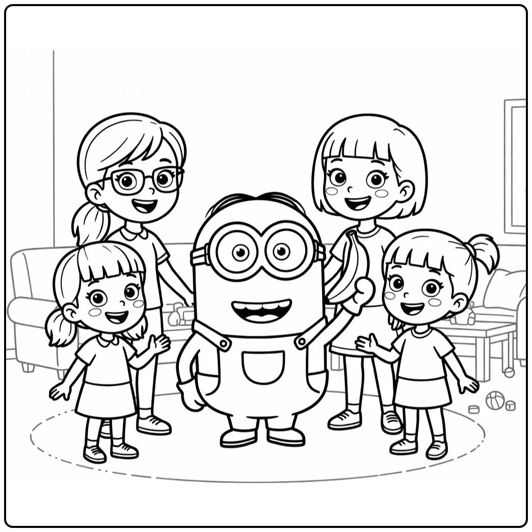 Minion Margo Edith Agnes and Banana coloring page