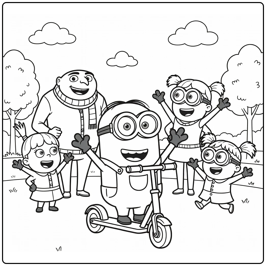Minion on Scooter in Park coloring page