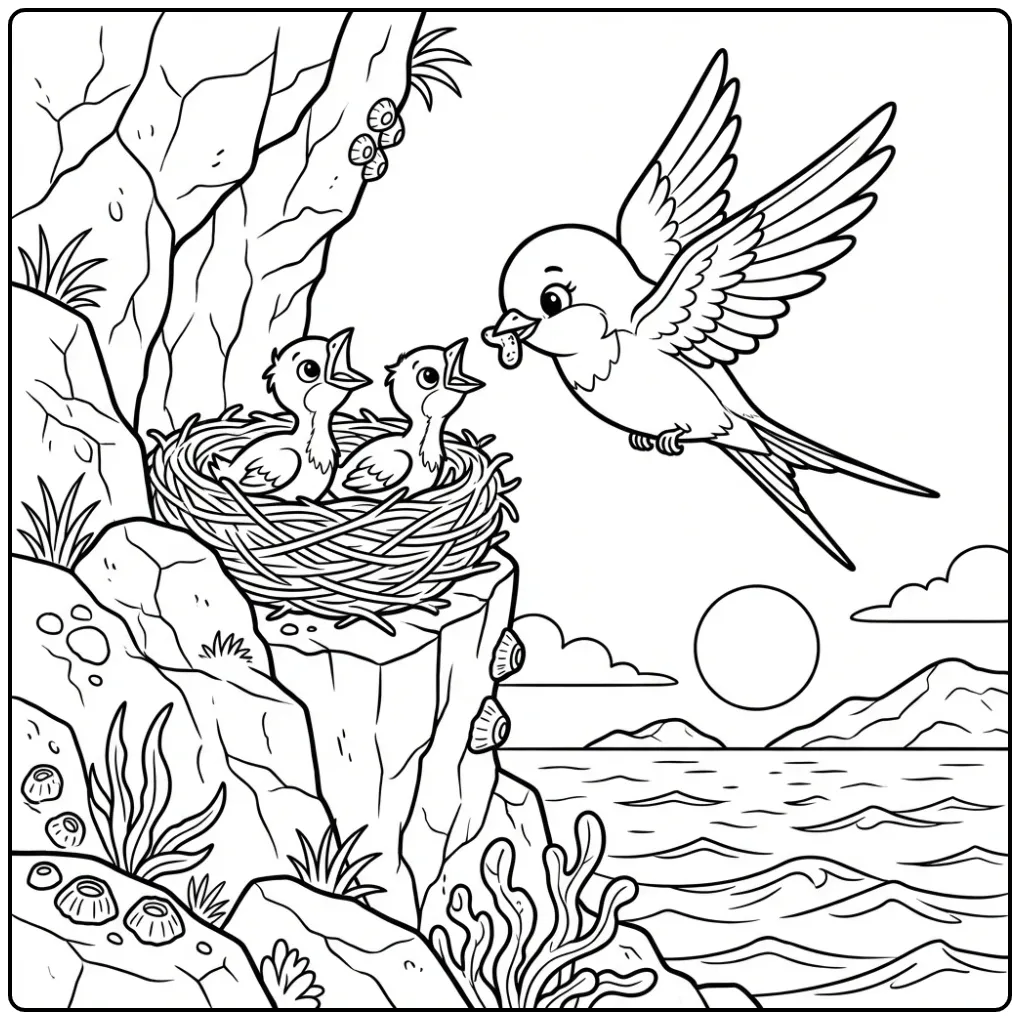 Mother Swallow Feeding Her Chicks coloring page