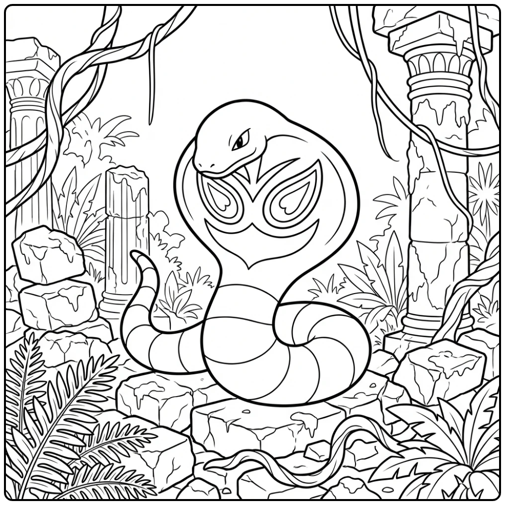 Beautiful Arbok with Old Stone and Vines coloring page