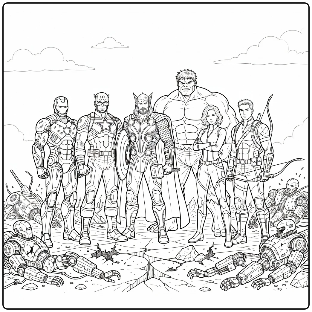 Beautiful Avengers Heroes and Damaged Robots coloring page