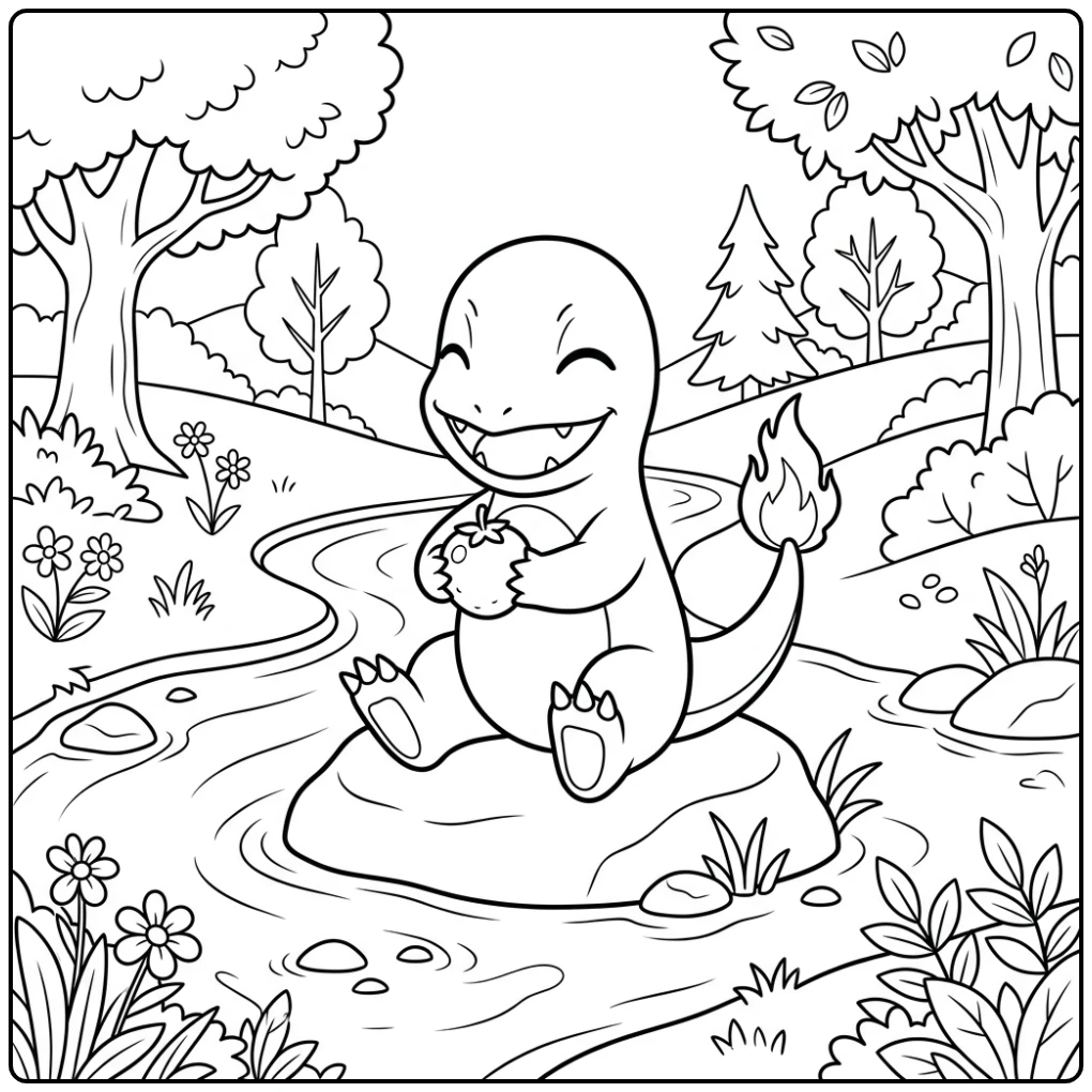 Beautiful Charmander on a Rock by the Water coloring page