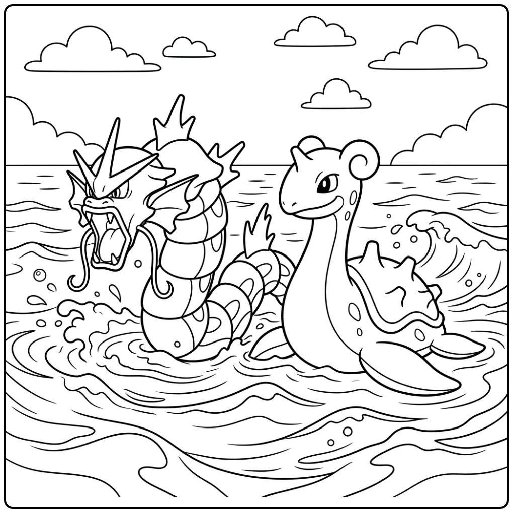 Beautiful Gyarados Swimming Calmly with Lapras coloring page
