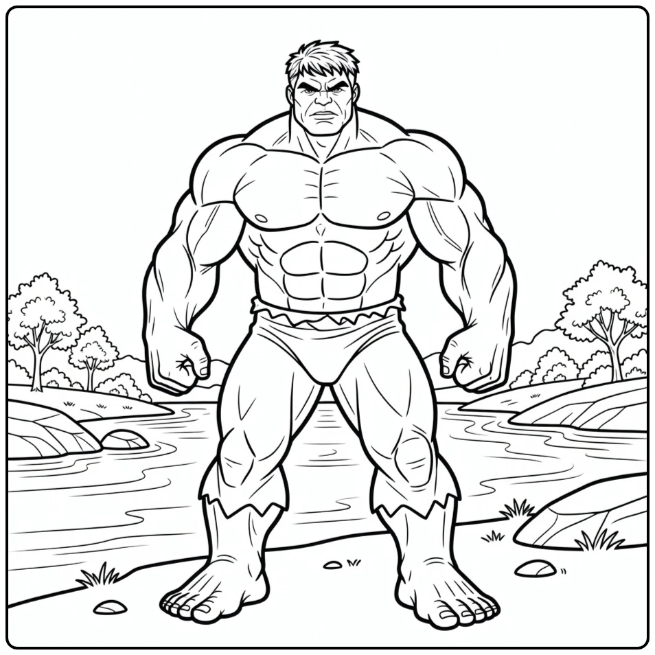 Hulk coloring page in a powerful smashing pose