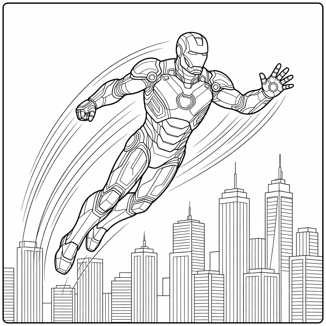Beautiful Iron Man Over a City in the Future coloring page