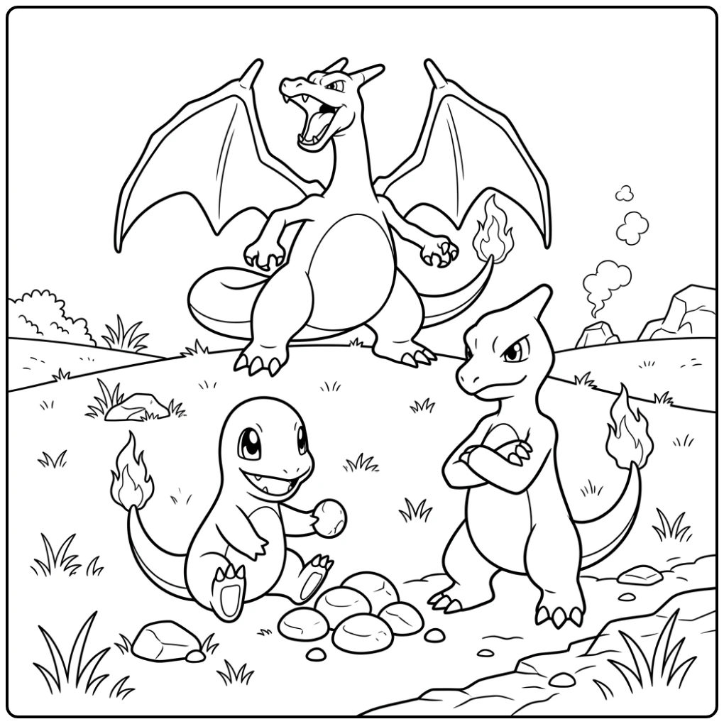Beautiful Charmander Charmeleon Charizard Evolution coloring page