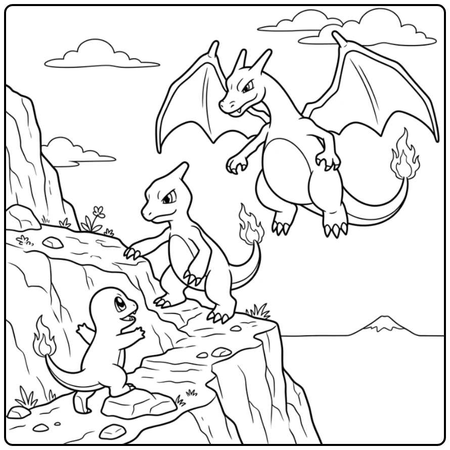 Beautiful Charmander Charmeleon Charizard on Rocks coloring page