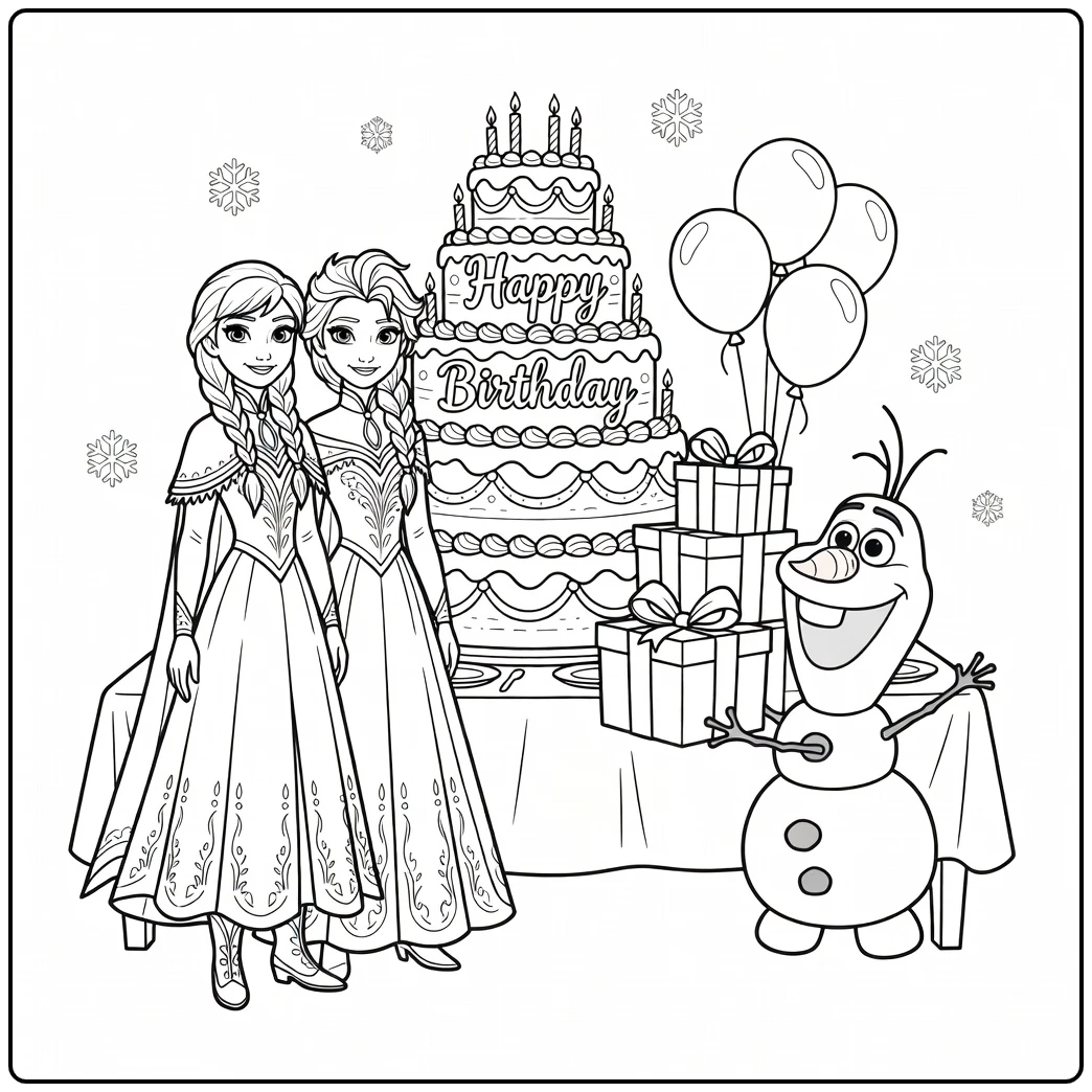 Beautiful Frozen Birthday with Olaf and Cake coloring page