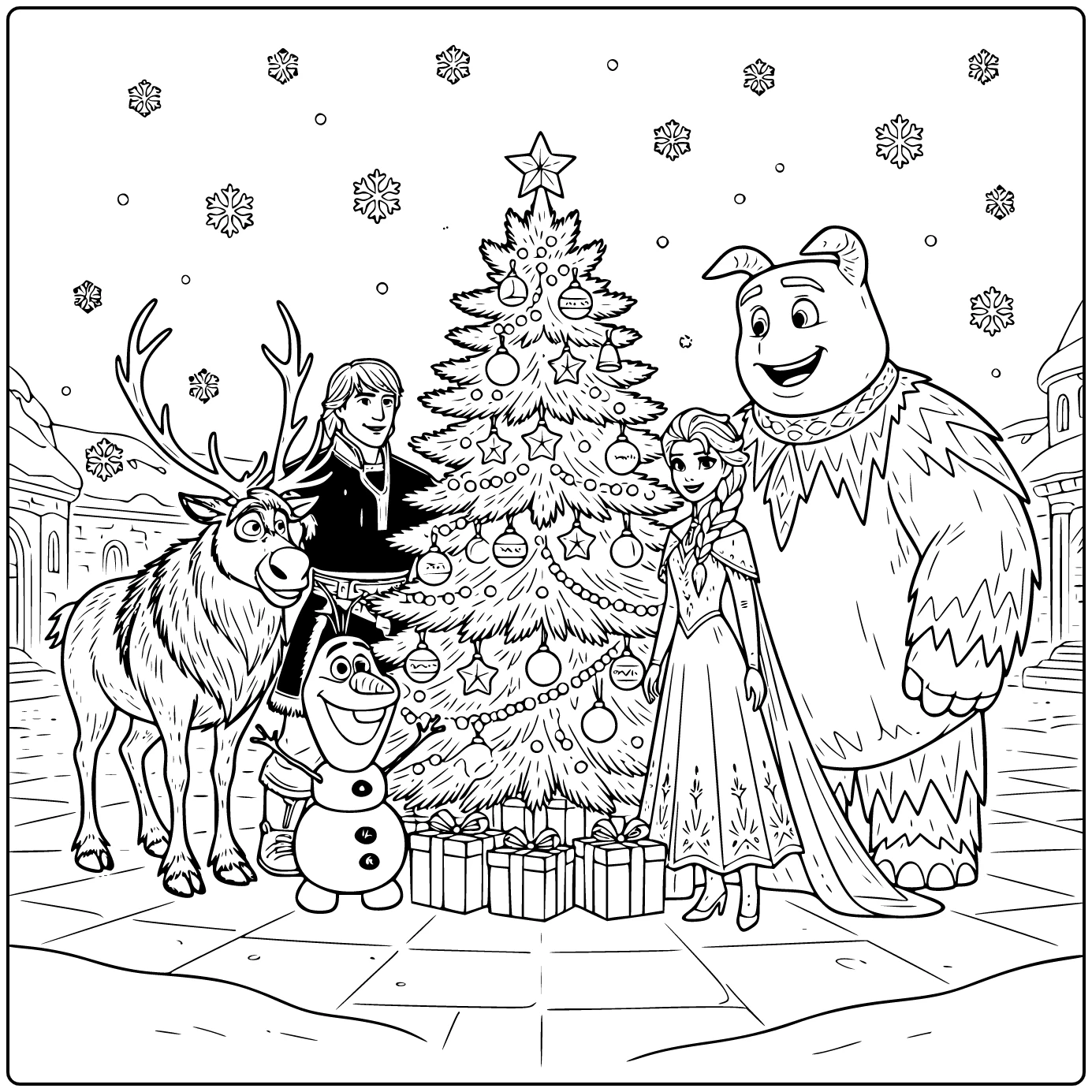 Beautiful Christmas Frozen with Elsa and Anna Together coloring page
