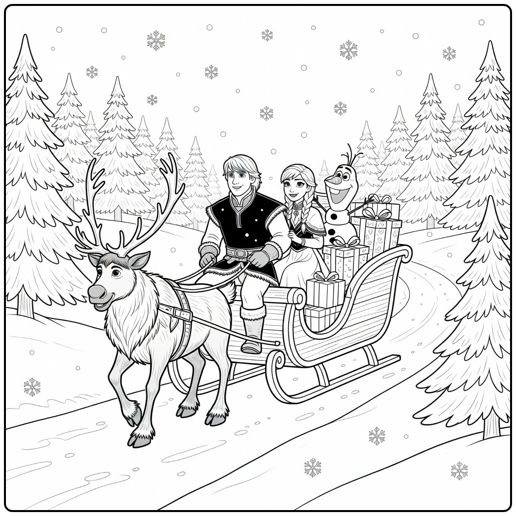 Beautiful Christmas Frozen with Sven and a Full Sleigh coloring page