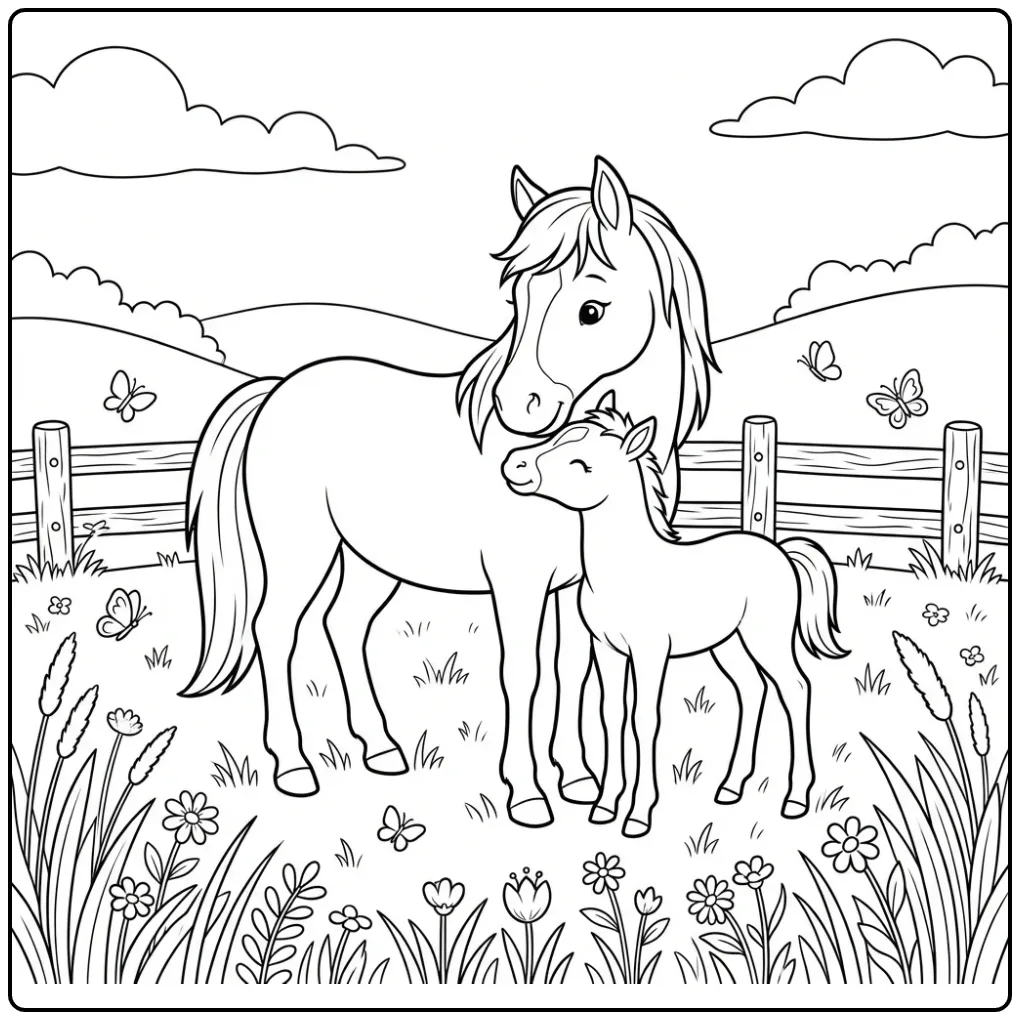 Beautiful Horse with Foal and Flowers coloring page