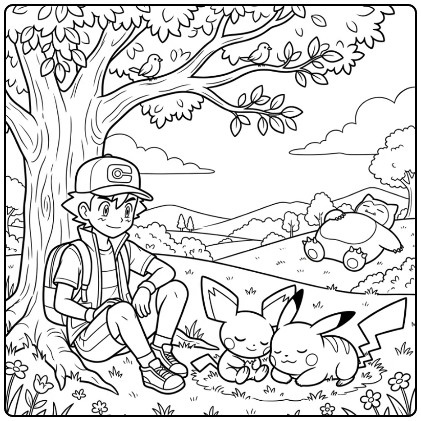 Beautiful Pichu with Pikachu Ash and Snorlax coloring page