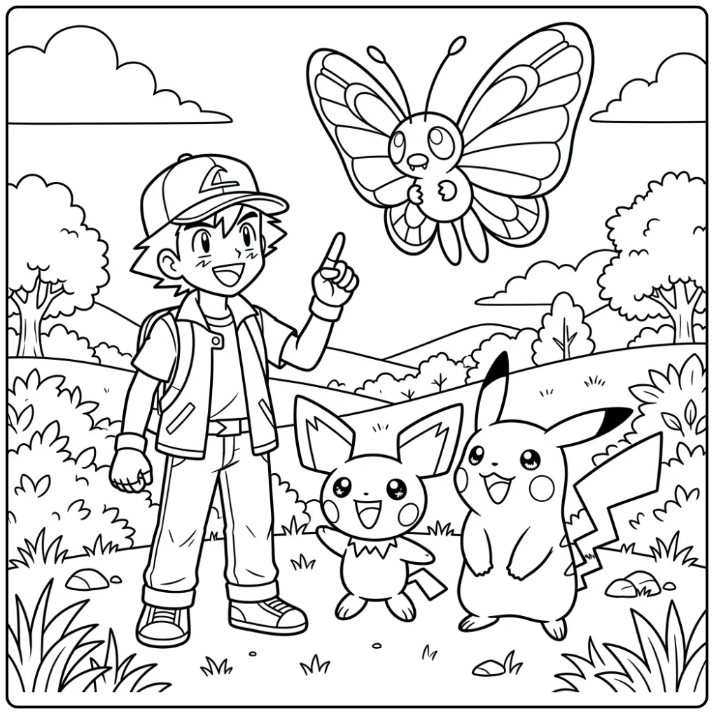 Beautiful Pichu with Ash Pikachu and Butterfree coloring page