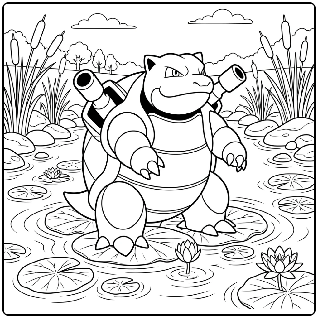 Beautiful Pokemon Blastoise in a Quiet Pond coloring page