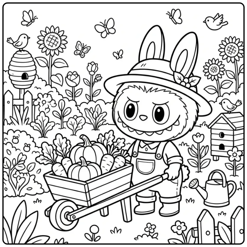 Beautiful Cute Labubu in a Cheerful Vegetable Garden coloring page