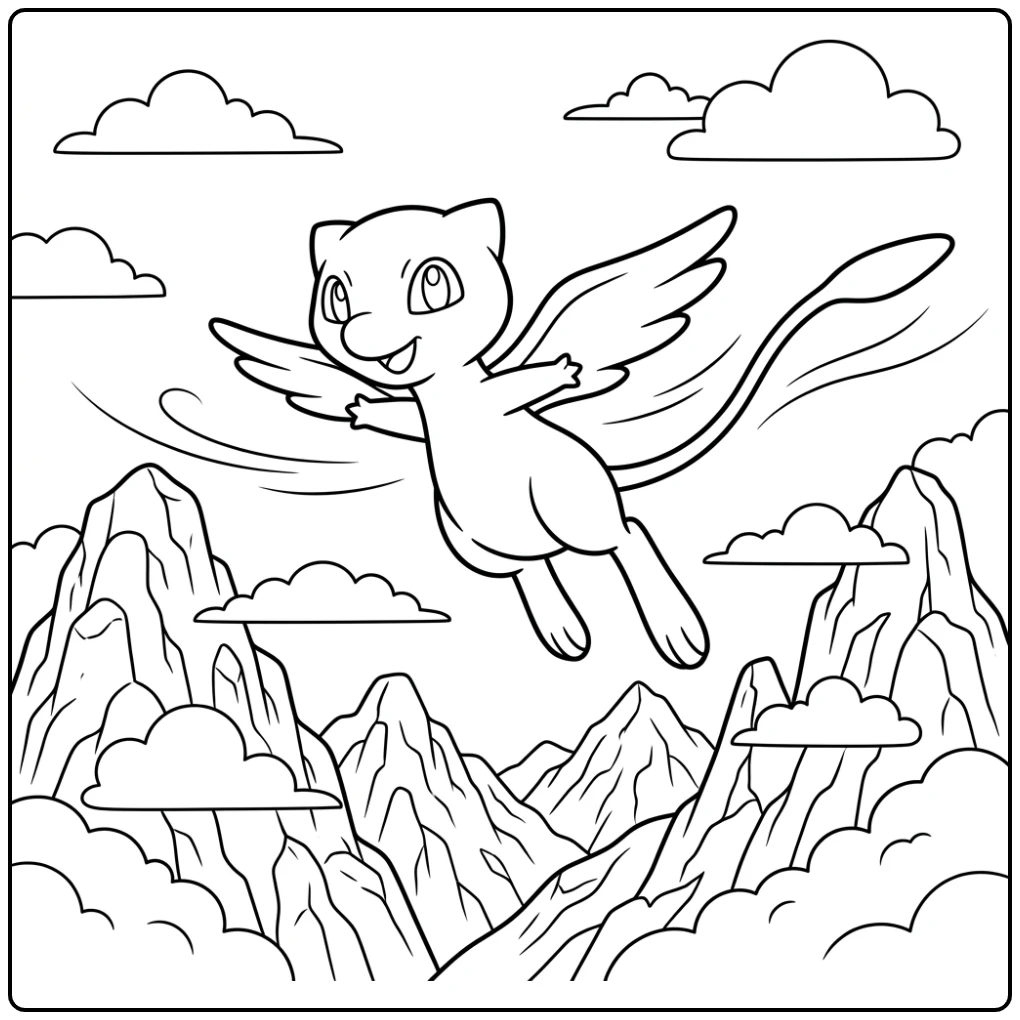 Beautiful Mew Clouds and a Mountain Landscape coloring page
