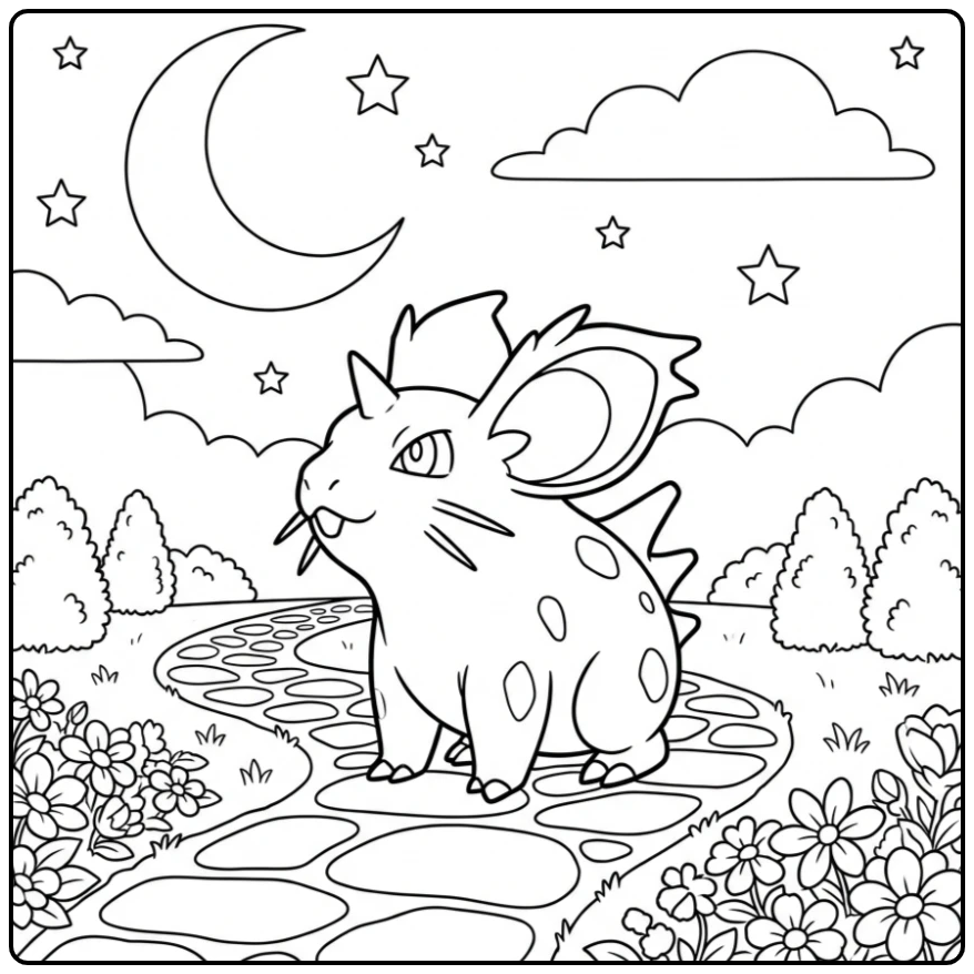 Beautiful Nidoran on a Moonlit Garden Path coloring page