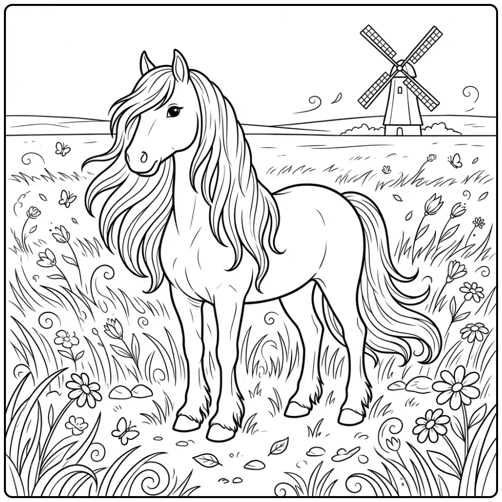 Beautiful Friesian Horse with a Windmill coloring page