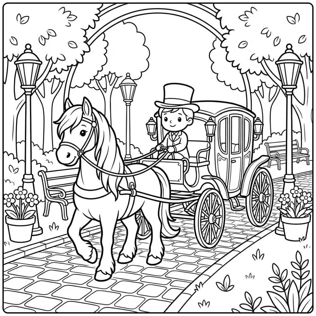 Beautiful Friesian Horse with a Carriage coloring page