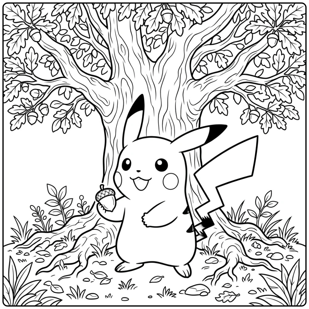 Beautiful Pikachu in the Forest with an Acorn coloring page