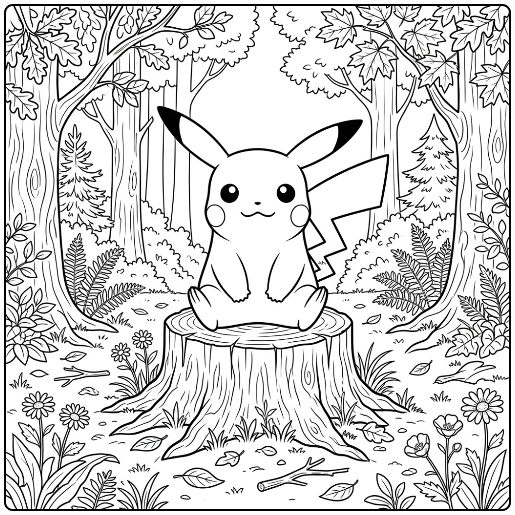 Beautiful Pikachu on a Tree Stump in the Forest coloring page