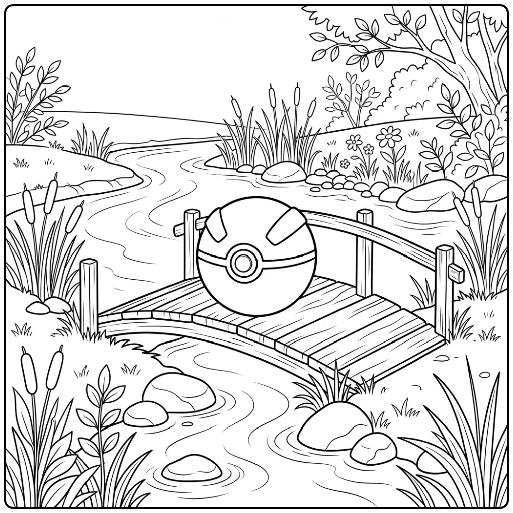 Beautiful Poke Ball on Wooden Bridge at Stream coloring page