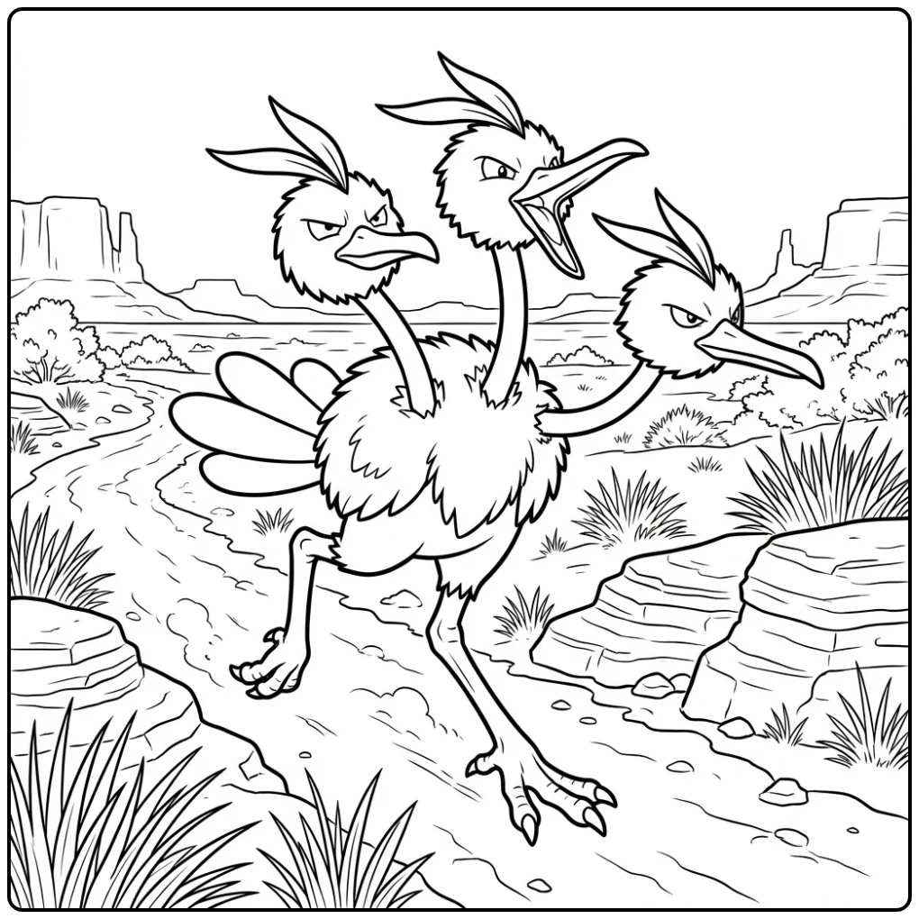 Beautiful Pokemon Dodrio on a Desert Path coloring page