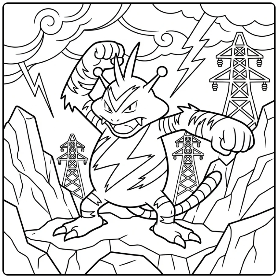 Beautiful Pokemon Electabuzz Lightning and Rocks coloring page